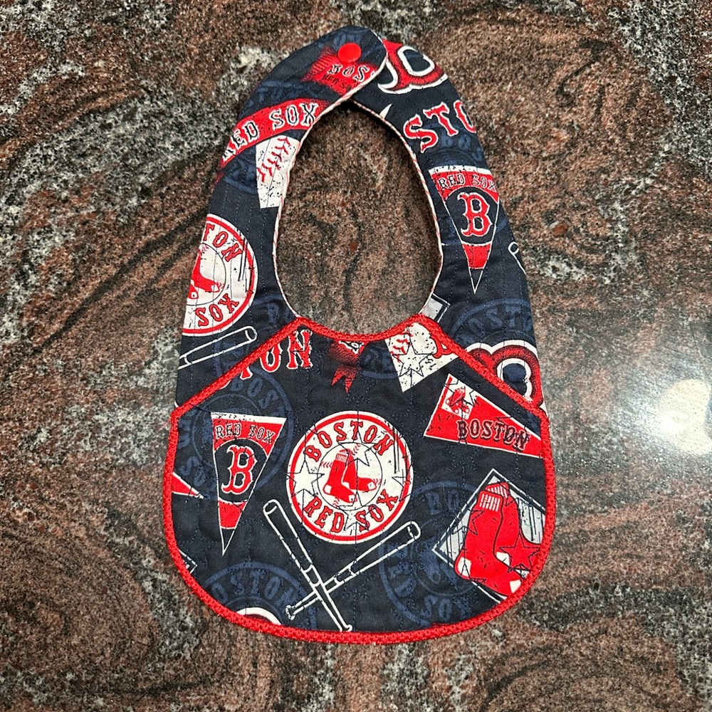 Handmade reversible quilted baby bib in Boston Red Sox design